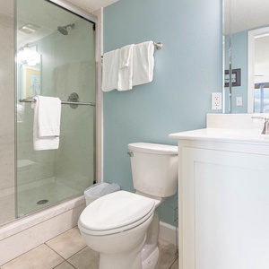 The master bath features a sleek walk-in shower with glass doors, modern fixtures, and soft blue walls for a refreshing feel