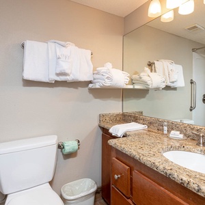 The guest bathroom features a granite countertop, neatly arranged towels, and a tub/shower combo for a refreshing experience