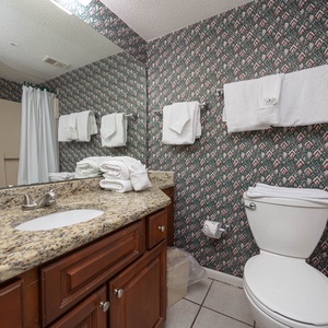 The guest bathroom features a granite countertop, neatly arranged towels, and a shower with a curtain
