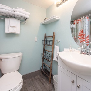 Bright guest bathroom featuring a stylish coral shower curtain, fresh towels, and modern fixtures for a refreshing retreat