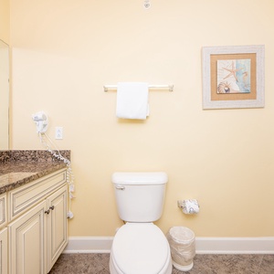 Refreshing guest bathroom featuring a granite countertop, plush towels, and a relaxing tub/shower combo