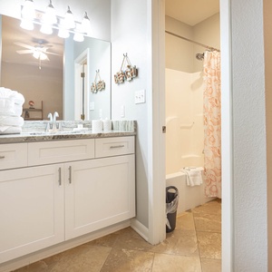 Master baht featuring a spacious vanity with granite countertops, ample towels, and a tub/shower combo