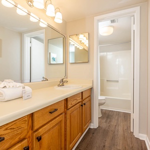 Master bathroom featuring a spacious vanity, modern fixtures, and a relaxing tub/shower combo for your comfort