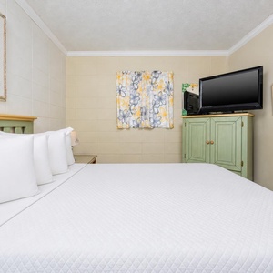 This cozy bedroom features a plush bed, a TV for entertainment, and cheerful floral curtains that brighten the space