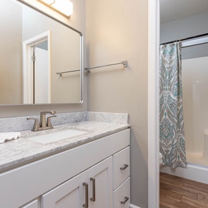 Sleek master bathroom features a spacious vanity with a large mirror, decorative shower curtain, and walk-in shower