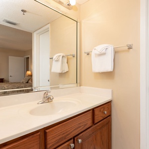 The master bathroom features a clean vanity with a sink, wooden cabinetry, and a large mirror reflecting the bedroom beyond