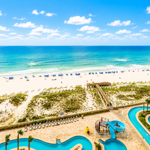 Discover the twin pool areas with gradual entry, splash pads, two lazy rivers and thrilling waterslides, right on the beach