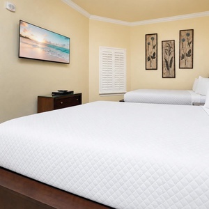 Cozy guest bedroom featuring a queen and a twin bed, mounted TV, and charming floral artwork on soft yellow walls