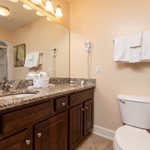 This bathroom features a stylish granite countertop, elegant lighting, and fresh towels for a refreshing experience