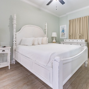 Retreat to the king master suite with cozy bedding and drift off into a peaceful slumber
