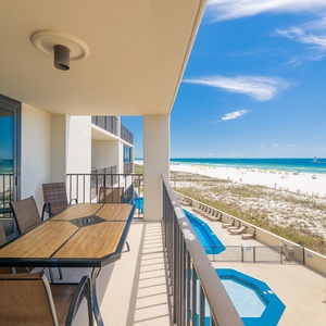 Outdoor breeze cools your skin as you sip morning coffee overlooking the bright white gulf shore