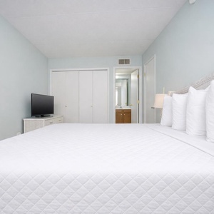 The bedroom features a plush bed, a TV, and easy access to a stylish bathroom for a relaxing stay