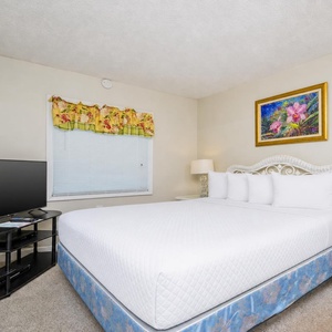 This bedroom features a large bed, a TV for entertainment, and bright floral curtains adding a cheerful touch