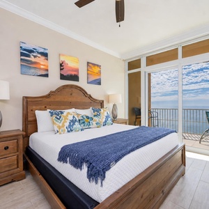 Tuck into the king bed in the master suite while listening to waves and watching sky and shore views through glass doors