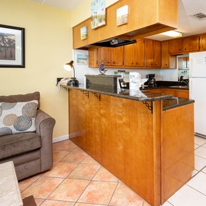 The living area features a comfortable sofa, a stylish coffee table, and a well-equipped kitchen with warm wood cabinetry