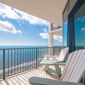 Expansive and breathtaking views of the sparkling blue waters and sky, perfect for lounging on the balcony