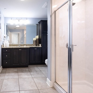 Stylish guest bathroom featuring a granite countertop, ample storage, and a walk-in shower