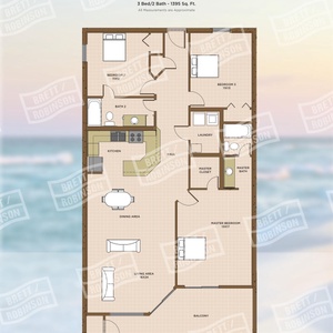Floor plan of a three-bedroom, two-bath residence featuring a living area, dining area, and balcony with beach views