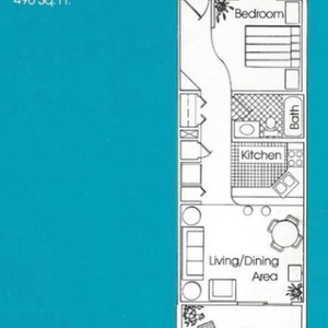 This floor plan showcases a one-bedroom layout with a cozy living area, kitchen, and balcony for enjoying views