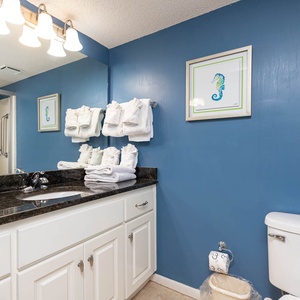 Refresh in this guest bathroom featuring a stylish vanity, vibrant blue walls, and plush towels for your comfort