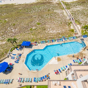 The vibrant pool area features lounge chairs and shaded umbrellas, with easy access to the beach just beyond the dunes