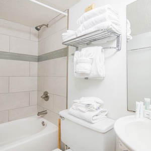 Refreshing bathroom featuring a tub/shower combo, plush towels, modern finishes and complimentary essentials