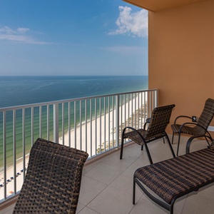 Stretch out on the loungers and watch the gulf curve along the shore below