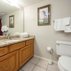Enjoy the guest bathroom featuring a granite countertop, fresh towels, and decorative artwork