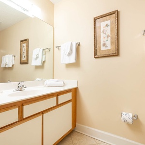 Refresh in this guest bath featuring a spacious vanity, decorative accents, and ample towels for your convenience
