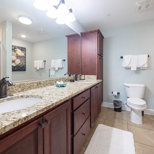 Experience a stylish master bath with a spacious vanity, elegant fixtures, and a relaxing jetted tub