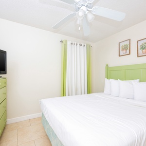 This cheerful guest bedroom features a green accent wall, a TV, and light-colored bedding, creating a refreshing atmosphere