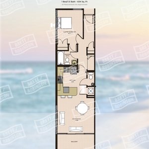 One-bedroom hotel suite with a separate living space, fully equipped kitchen, one and a half baths, and a beachfront balcony