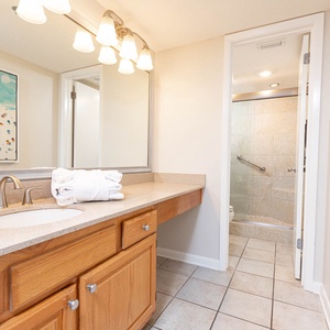 Master bathroom features a spacious vanity, plush towels, and a walk-in shower with elegant tile accents