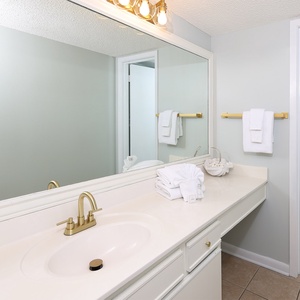 Refresh in the spacious master bathroom featuring a stylish vanity, ample counter space, and soft towels
