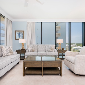 Stylish living area with decor that enhances your beach getaway experience