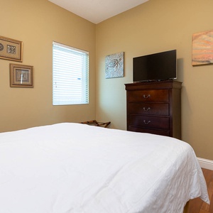 The guest bedroom features a comfortable bed, a TV for entertainment, and charming wall decor that enhances relaxation