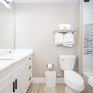 Experience convenience in this stylish guest bath featuring a spacious vanity and tub-shower