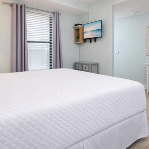 Master suite featuring a king bed, a mounted TV, and soft natural light from the window with elegant curtains