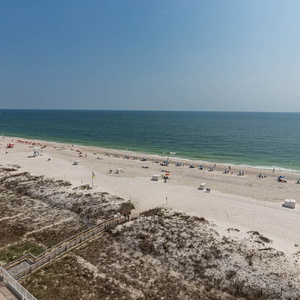 The stunning view showcases a beachside retreat with a sparkling pool, inviting guests to relax and enjoy the beach scene