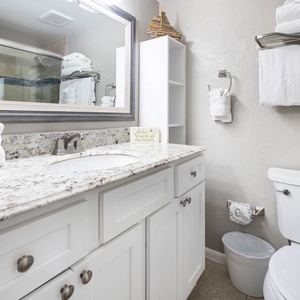 The guest bathroom features a granite countertop with a sink, neatly arranged towels, and a glass-enclosed shower