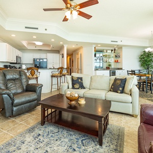 Cozy up on plush easting with dual recliners and a large flat-screen TV