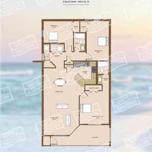 Spacious three-bedroom layout with beachfront balcony access from the living area and master suite