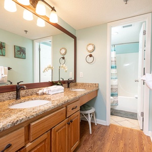 Light green walls complement the granite countertop in the master bath, featuring a tub/shower combo and elegant decor