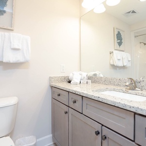 Enjoy a refreshing start to your day in this guest bathroom, featuring a spacious vanity and plush towels