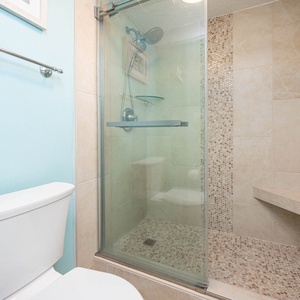 The master bath features a walk-in shower with elegant tile accents and a soothing blue wall for a refreshing experience