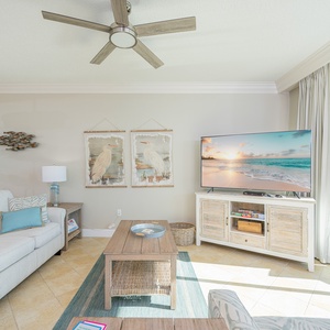 Unwind on the plush sofa, basking in coastal decor and stream your favorite show or find a good movie