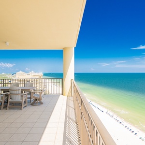 Experience the breathtaking panoramic views from your corner balcony and unwind on your spacious outdoor lounge