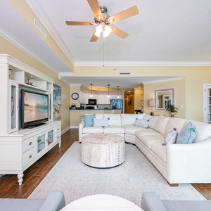 Feel the cozy vibe as you stream your favorite shows from the comfort of the sectional sofa with a queen sleeper