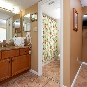 Master bathroom featuring a wooden vanity with a granite countertop, and colorful floral shower curtain