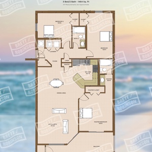 Spacious three-bedroom layout with beachfront balcony access from the living area and master suite